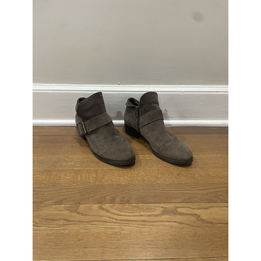 Franco‎ Sarto Kienna Brown Suede Ankle Boots Buckle Side Zip Booties Sz 9 EUR 39
